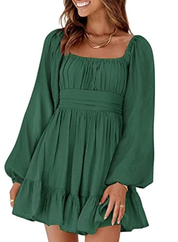 Dokotoo Women's Square Neck Off The Shoulder Dress Long Lantern Sleeve Tie Back Sexy Dresses Ruffle A-Line Flowy Dress Elastic Waist Casual Mini Dress Medium Dark Green