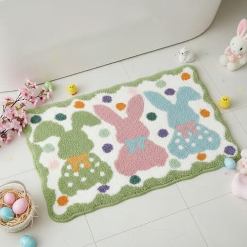 Dunzy Easter Bathroom Rug Spring Bunny Bath Mat Cute Rabbit Soft Absorbent Tufted Easter Bath Rugs Non Slip Washable for Bathroom Bedroom Living Room Spring Home Decoration, 16 x 24 Inch