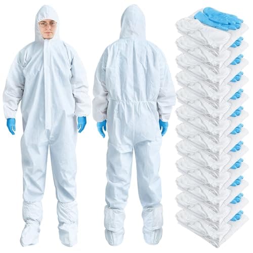 TrelaCo 5 Set Hazmat Suit Disposable Protective Coverall Suit with Shoe Cover Nitrile Gloves Breathable Water Proof Paint Coveralls (L)