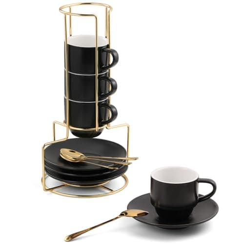 Lareina 3-Ounce Espresso Cups Set of 4, Small Stackable Coffee Cups with Saucers, Spoons and Metal Stand, Ceramic Demitasse Mugs, Espresso Accessories for Machine, Black