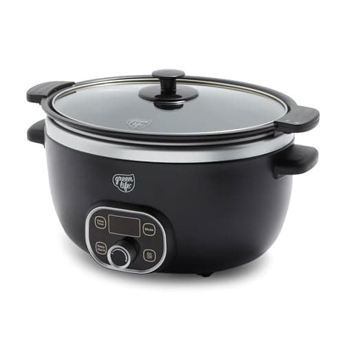 GreenLife 8QT Slow Cooker, Non-Toxic PFAS-Free Ceramic Nonstick Removable Interior Bowl, Programmable, Family Friendly, Keep Warm, Stovetop & Oven Safe, Dishwasher Safe Crock, Timer, Glass Lid, Black