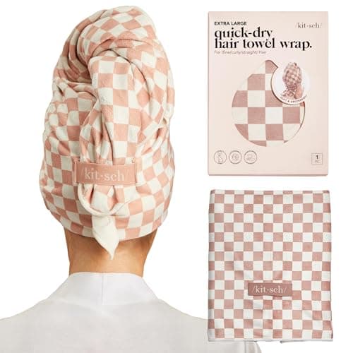 Kitsch XL Microfiber Hair Towel Wrap for Women – Ultra Absorbent Microfiber Towel for Wet, Curly, Long or Short Hair – Quick Dry, Anti-Frizz Hair Wrap – Terracotta Checkered, 40x24 inches