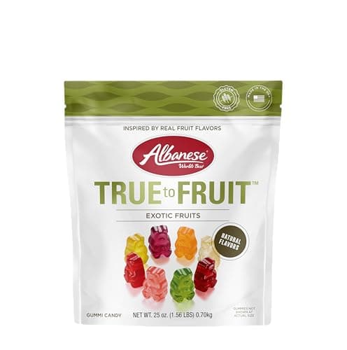 Albanese World's Best True to Fruit Exotic Fruits Gummi Bears, 25oz Bag of Candy, Soft & Chewy Candy Snack, Fruity Flavor Assortment