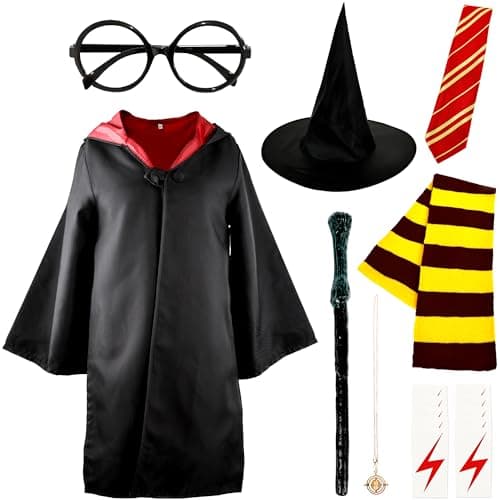 17 Pcs Kids Wizard Costume Set Halloween Magic Robe Wizarding World Cloak with Wand Scarf Hat for Boys Girls Cosplay Party (M(135-145cm))