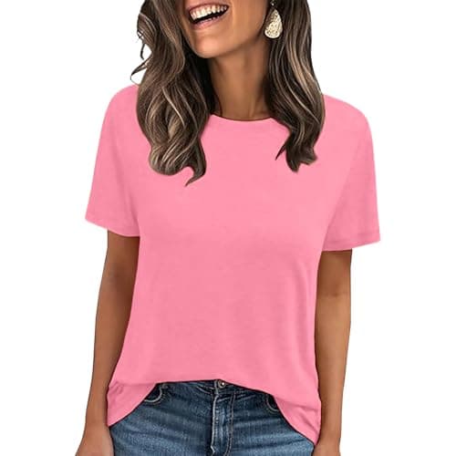 LOOKFACE Women's Summer Short Sleeve Crewneck T Shirts Solid Color Tees Casual Basic Tops Pink Medium