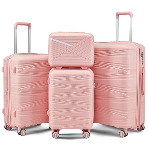 TRAVELEO 4 Piece Expandable Hardshell Pink Luggage Sets with Spinner Wheels, Lightweight Travel Suitcase Set with TSA Locks, 20 inch Carry On (Pink, 4 Piece Set (14in/20in/24in/28in))