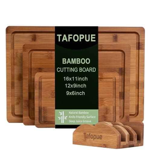 Tafopue Cutting Board Set with Holder, Space Saving Kitchen Bamboo Chopping Boards, Build in Juice Groove and Grip Handle, Durable Wooden Serving Board for Meal Prep & Charcuterie, Gift Idea