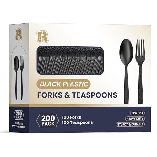 200 Count Black Plastic Silverware Heavy Duty - Black Plastic Forks And Spoons Set - BPA Free Plastic Utensils Set - Heat Resistance Plastic Cutlery For All Occasions