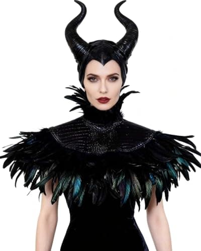 L'VOW Gothic Black Feather Cape Shawl with Demon Witch Ox Horns for Women Halloween Crow Queen Costume (Style 2)