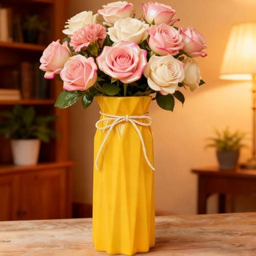 Disoza Ceramic Vase for Home Decor Yellow Modern Flower Vase for Pampas Grass Dried Flowers 9.5" H x 3.9" W Vases for Living Room Decorations Porcelain Tulip Vases for Table Kitchen Decor