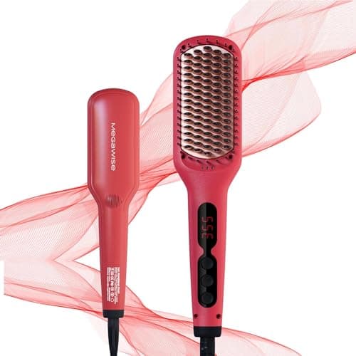 Updated Megawise Pro Ceramic Ionic Hair Straightener Brush – Fast 20s Heating, Auto-Off, Anti-Scald, Dual Voltage, Rotatable Power Cord – Home Salon Styling (Tomato Red)