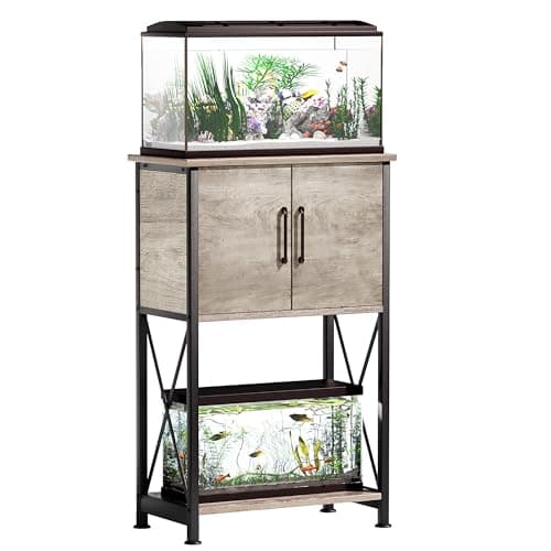 Herture 5-10 Gallon Fish Tank Stand, Metal Double Aquarium Stand with Cabinet for Fish Tank Accessories Storage, Heavy Duty 20.5" L* 11.02" W Tabletop, 500LBS Capacity Grey PG06YGZ
