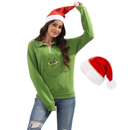 AKTOTO New Pullover Ugly Christmas Sweaters Cartoon Character Green Monster Print Unisex Sweatshirt with Christmas Hat