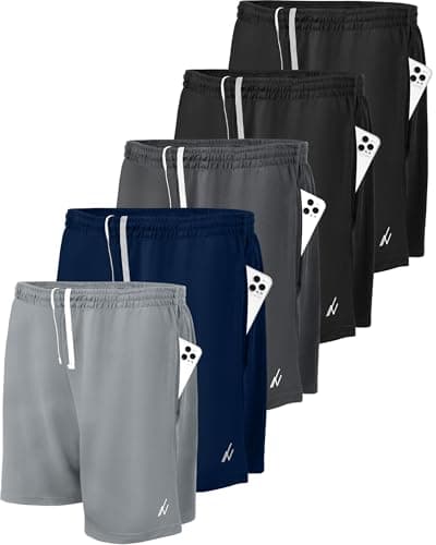 NY Threads 5 Pack Men's Athletic Shorts Quick Dry Loose-Fit Lightweight Running Workout Gym Shorts with Pockets, Medium, Black/Black/Navy/Dark Grey/Medium Grey