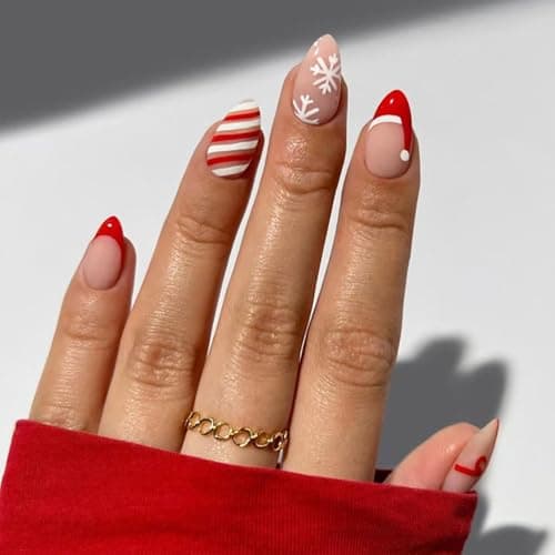 30 Pcs Christmas Press on Nails Almond Short Fake Nails Red French Tip Stick on Nails with Stripe Design White Snowflake Full Cover Artificial Acrylic Winter Xmas Decor False Nail for Women