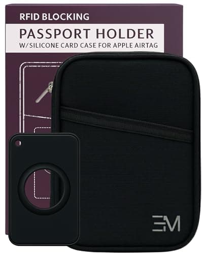 EM Premium Products RFID Protection Travel Wallet & Passport Holder – Zippered Organizer Case with AirTag card holder – Holds Cards, Cash, ID, Tickets
