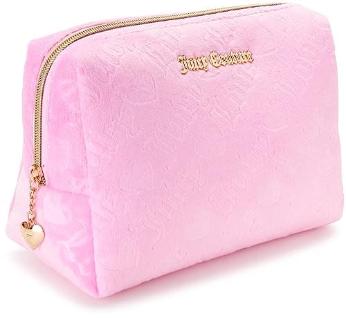 Juicy Couture Pink Makeup Bag Cosmetics Organizer Travel Essentials Zip Top Wedge Velour Heart