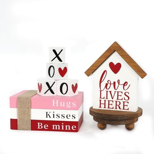 DAZONGE Valentines Day Decorations, Valentine Wood Book Stack with XOXO Blocks for Table Shelf Tiered Tray Decor, Freestanding Valentines Day Decor