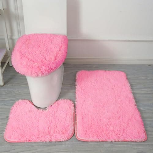 Eanpet Shaggy Bathroom Rugs Sets 3Piece Pink Bath Mat for Bathroom Non-Slip Bathroom Mats Water Absorbent Bath Rug Floor Mats Soft Washable Shower Rug with U-Shaped Contour Rug Toilet Lid Cover