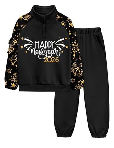 ADIRUN Boys New Years Outfit 8-10 Quarter Zip Letter Print Long Sleeve with Pocket Sweatshirt Pants 2Pcs Color Block Fall Winter Clothing Sets Mock Neck Boys New Years Eve Outfit Black 9-10Y