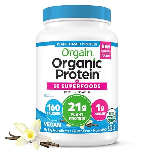 Orgain Organic Vegan Protein + 50 Superfoods Powder, Vanilla Bean - 21g Plant Based Protein, 8g Prebiotic Fiber, No Lactose Ingredients, Gluten Free, Non-GMO, 2.02 lb (Packaging May Vary)