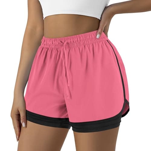 Yevrimow Women's 2 in 1 Running Shorts for Gym Yoga Workout Athletic Shorts High-Waisted Shorts with Liner Pockets Pink-L