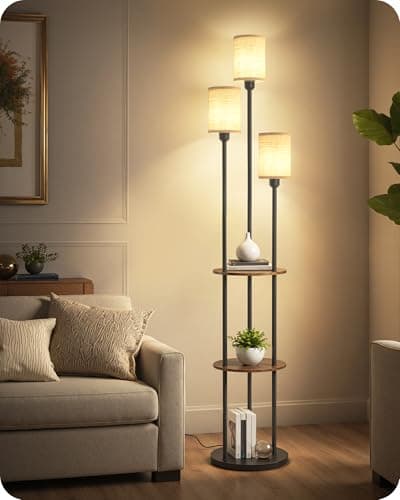 GOEBLESON 70.9" Floor Lamp with Shelves, Modern Floor Lamp with 3 Linen Shades and Foot Switch, 3-Light Standing Lamp, for Living Room, Bedroom, Study, Office, Rustic Brown and Beige EF53LD05