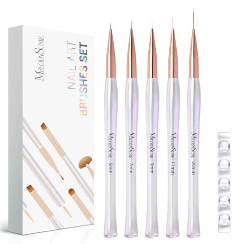 MelodySusie 5Pcs Nail Art Liner Brushes and Brush Holder Set, Sizes 5/7/9/11/20mm, for Thin Long Lines, Tiny Details, Fine Drawing, Delicate Coloring