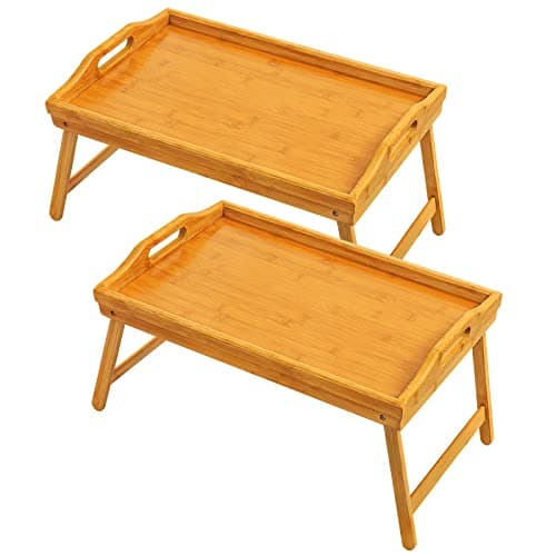 2 Pack Bed Tray Table Breakfast Trays Serving Bamboo Laptap with Floding Legs Handles and Phone Holders