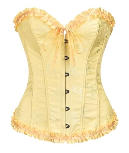 YUNAR Women's Beautiful Floral Lace Up Boned Overbust Corset Bustier Lingerie Bodyshaper Top (S, Yellow)