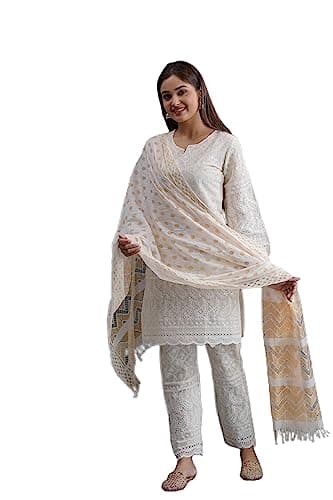 MAGHMA Chikankari Kurtis for Women Pakistani Salwar Kameez Suit Set Indian Dresses Cream White Kurti Pant & White Color Dupatta Set (L)