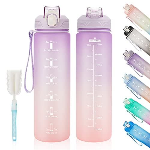 YC Kitchen Motivational Water Bottle with Time Marker- 32oz Water Bottles with Times to Drink, Leakproof & BPA Free Sports Water Bottle with Straw & Carry Strap for Fitness, Gym, and Outdoor Sports
