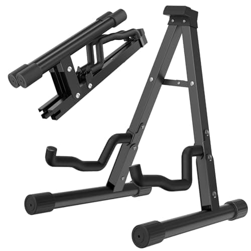 GLEAM Guitar Stand - Electric, Acoustic and Bass, Banjo Stand, A-Frame Metal Folding Guitar Rack with Non-Slip Rubber Sleeves and Foam Arms Black