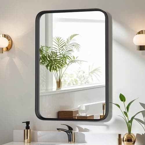 Bathroom Mirror for Wall, 30x22 Inch Rounded Rectangle Mirror, Black Metal Framed Bathroom Vanity Mirror for Restroom Farmhouse, Anti-Rust, Tempered Glass, Horizontally or Vertically Hanging