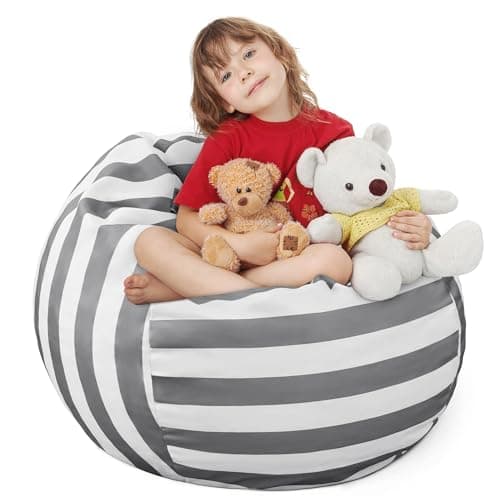 EXQ Home Kids Bean Bag Chairs Cover (No Filler) -Stuffed Animal Bean Bag Storage Grey and White Stripes-Zipper Bean Bag for Organizing Children Plush Toys Holiday Gift for Girl,Boys