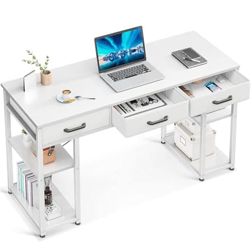 ODK Office Small Computer Desk: Home Table with Fabric Drawers & Storage Shelves, Modern Writing Desk, White, 48"x16"