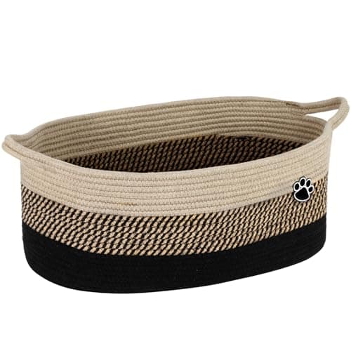 Optish Dog Toy Basket, Toy Box and Bin for Dog Cat Storage, 19.7" X 11" X 7.9" (30L) Large Woven Rope Basket for Blanket Storage, Living Room, Bedroom, Black & Brown