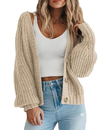 PRETTYGARDEN Women's Long Sleeve Plain Button Down Sweater Classic V-Neck Knit Cardigan Open Loose Outwear Coats (Apricot,Small)