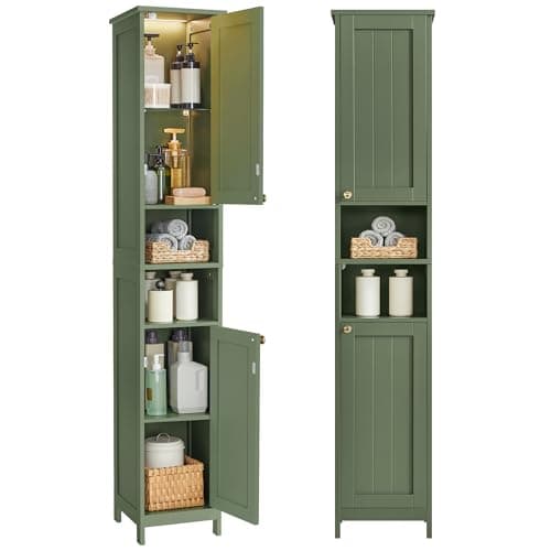 VASAGLE Tall Bathroom Cabinet with Lights, Slim Bathroom Storage Cabinet, Freestanding Narrow Cabinet with Adjustable Shelves, for Small Spaces, Modern, 11.8 Inches Wide, Forest Green UBBC566C01