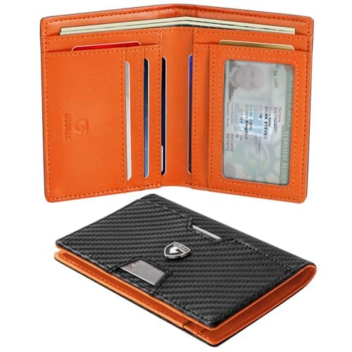 GSOIAX Wallet for Men Slim RFID Blocking Front Pocket Bifold Wallet Leather Money Clip 10-12 Cards Mens Wallet with ID Window Thin Minimalist Credit Card Holder Birthday Gifts for Men Carbon-Orange
