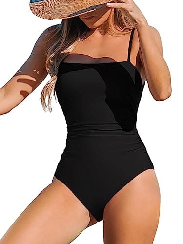 CUPSHE Women's One Piece Swimsuit Square Neck Cutout Back Tummy Control Adjustable Straps Striped Swimwear, M Black