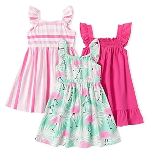 PATPAT 3 Packs Girl Toddler Dresses Sleeveless Flamingo Striped Toddler Casual Dresses 5-6 Years Multicoloured