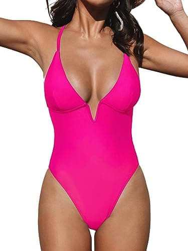 CUPSHE Women Swimsuit One Piece Bathing Suit Deep V Neck Crisscross Back Adjustable Strap, M Hot Pink