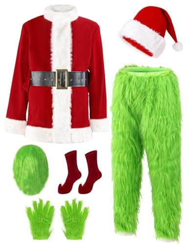 Earado Christmas Green Furry Monster Santa Costume for Men 7 PCS Deluxe Adult Santa Suit Xmas Holiday Outfit Set Include Mask XL