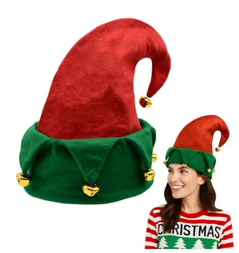 Nicky Bigs Novelties Unisex Adult Red Green Felt Elf Hat with Jingle Bells - Giant Bells On Elf Hats - Ugly Christmas Holiday Costume Accessory