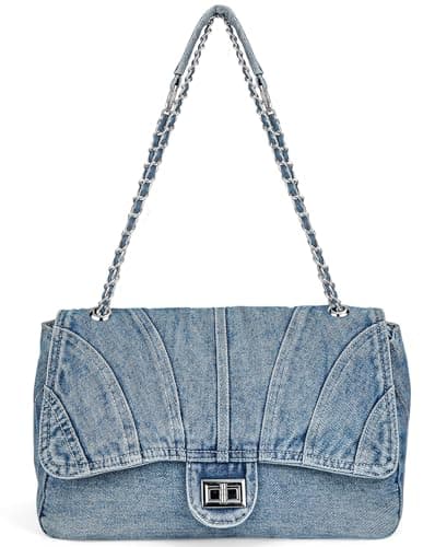 Farcauo Denim Purse for Women Trendy Jean Purses Large Denim Tote Bag Fashion Crossbody Bags with Chain Light Blue Shoulder Bag