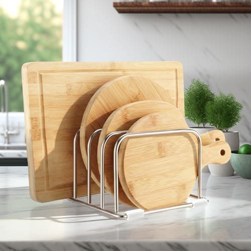 Yiyiring 304 Stainless Steel Cutting Board Organizer Rack Cutting Board Holder Stand with Compact 4 Slots Cookie Sheets Organizer for Kitchen Countertop and Cabinet Storage, 1.0 & 1.2 Inch Wide Slots
