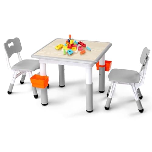 JOYMOR Height-Adjustable Kids Table and 2 Chairs Set, Toddler Table and Chair Set for Kids 2-8 Suitable for Crafts and Study, 2 Pen Boxes, Graffiti Tabletop, Anti-Slip Chair Legs (Light Grey)