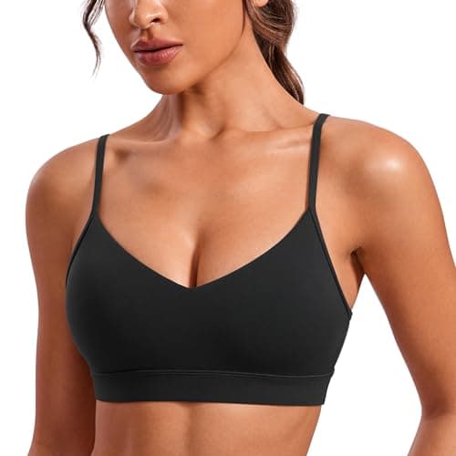 CRZ YOGA Butterluxe V-Neck Sports Bras for Women - Adjustable Thin Straps Padded Yoga Top Basic Wireless Camisole Black Medium