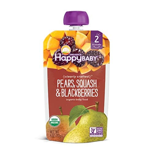 Happy Baby Organics Stage 2 Baby Food Pouches, Gluten Free, Vegan & Healthy Snack, Clearly Crafted Fruit & Veggie Puree, Pear Squash & Blackberries, 4 Ounces (Pack of 1)